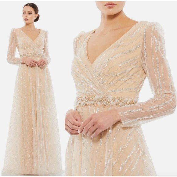 MAC DUGGAL 67859 LONG SLEEVE SILVER SEQUINS CHAMPAGNE GOWN  sz 14 - Picture 2 of 4